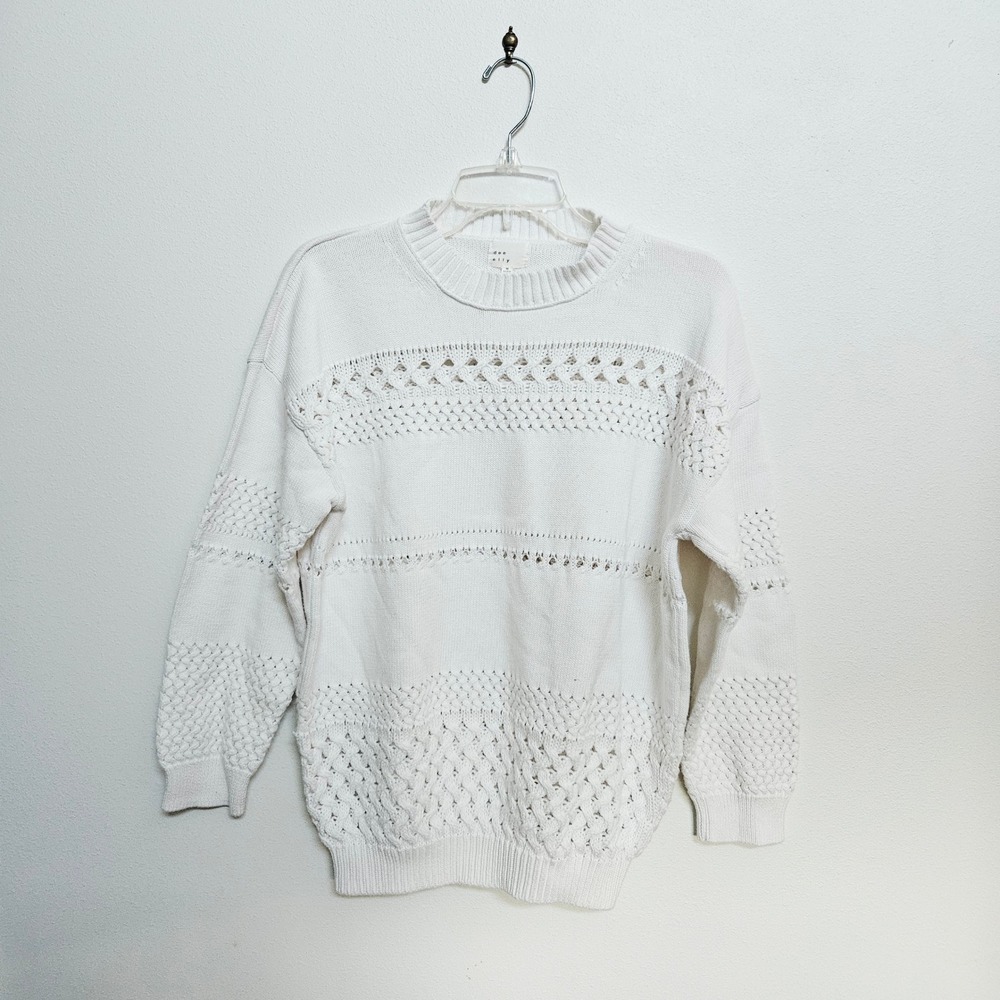 Dee Elly White Cotton Open Knit Crewneck Sweater Womens Med